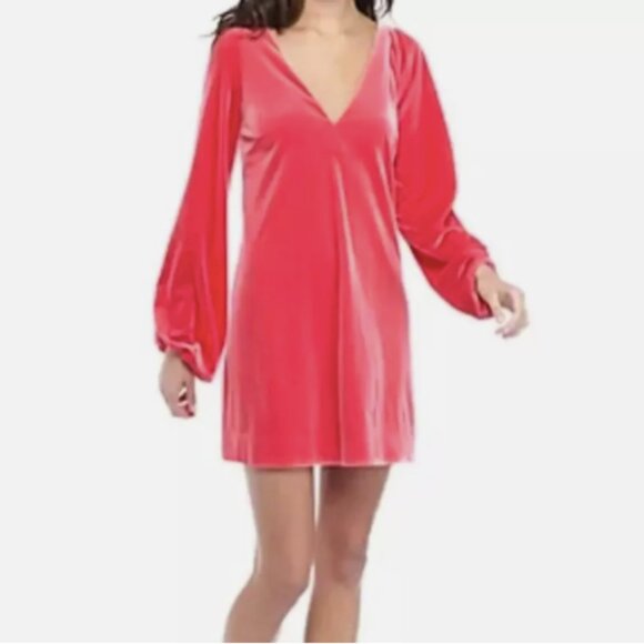 Free People Hot Pink MISHA Mini Dress Velvet Long Sleeve V-Neck - Picture 4 of 14